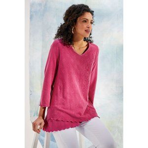 Soft Surroundings Womens M Pink Knit Embroidered V-Neck Malolo Tunic Blouse
